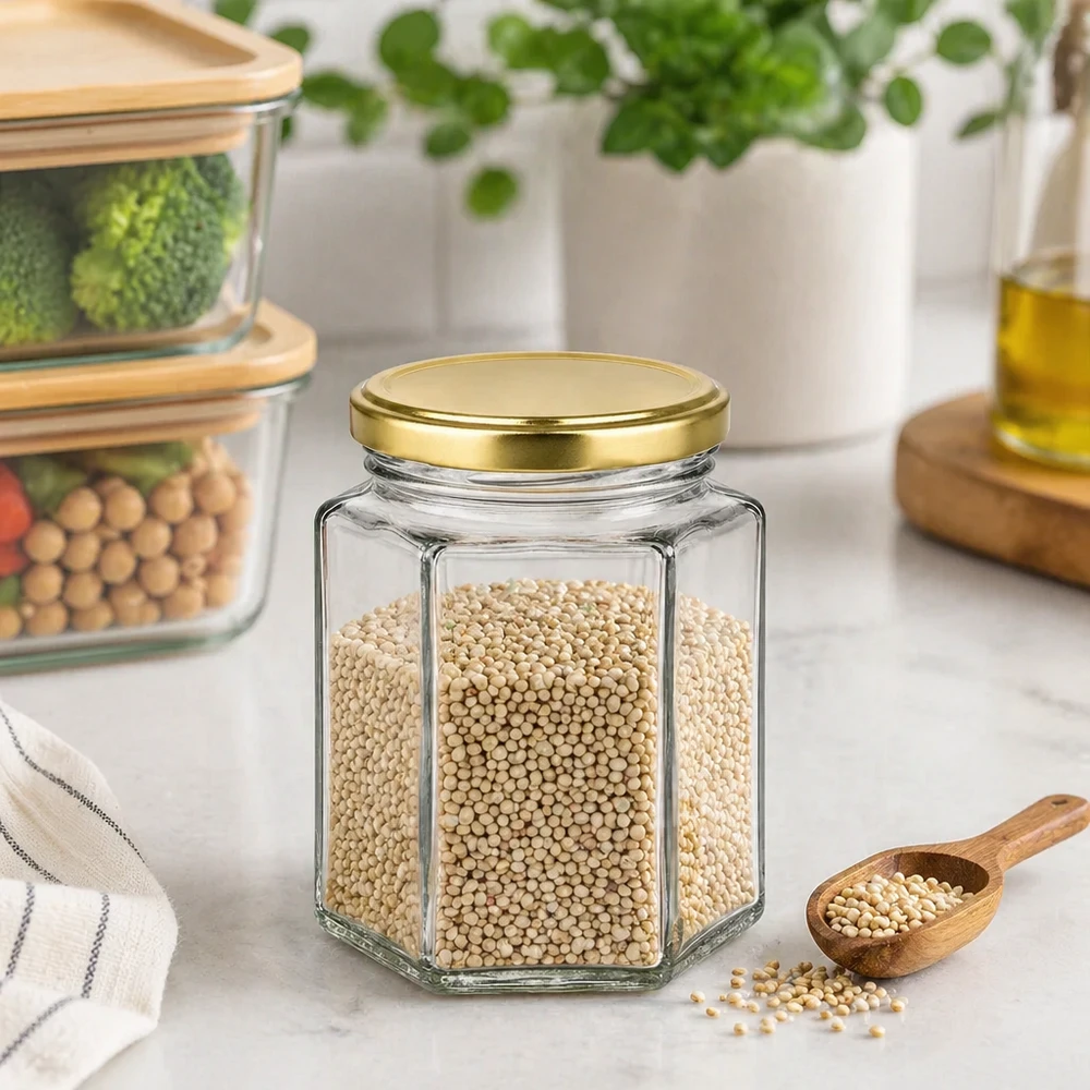 250g Honigglas mit goldenem Deckel BasicSeal UNiTWIST 250g Honigglas sechseckig mit Golddeckel gefüllt mit Körnern in moderner Küche als Vorratsbehälter