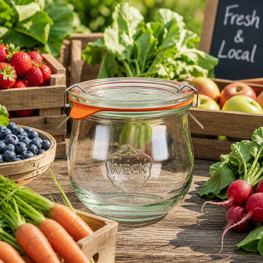 370ml Tulpenglas komplett WECK RR80 WECK Tulpenglas 370ml RR80 auf Marktstand mit frischem Obst Gemüse und Local Fresh Schild für regionale Produkte