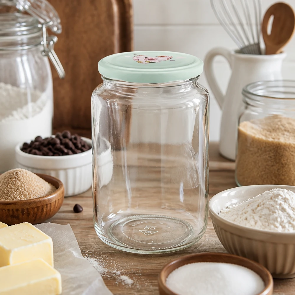 795ml Rundglas + BasicSeal Deckel Herz mint UNiTWIST 795ml Rundglas leer mit mint BasicSeal Herzdeckel zwischen Backzutaten Mehl Butter auf Holzbrett Küchenzubehör