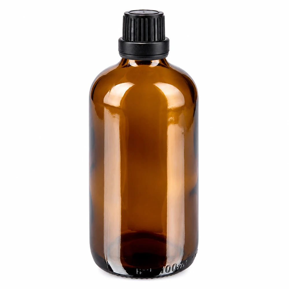 Medizinflasche aus braunem UV-Schutzglas 100ml mit schwarzem Apothekerverschluss