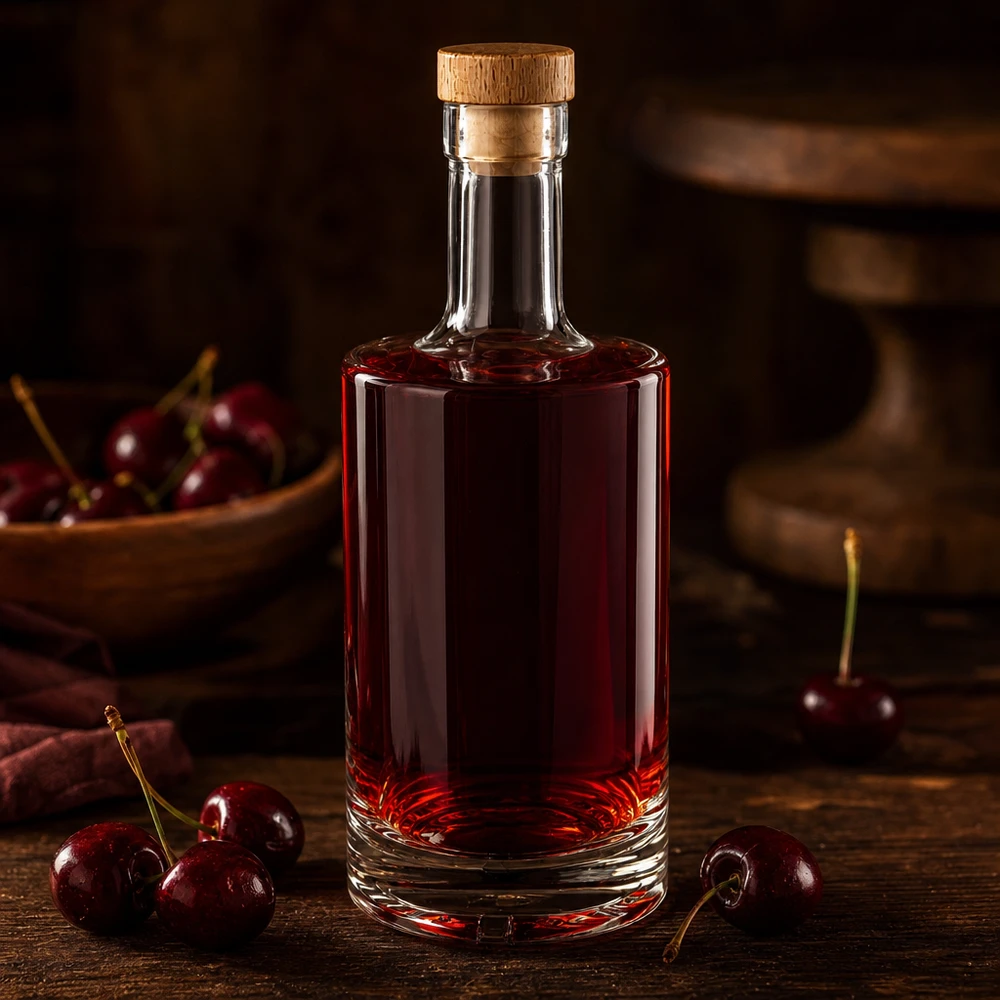500ml Glasflasche "Passion" mit Holzgriffkorken UNiTWIST® 500ml Glasflasche Nora mit Kirschlikör dunkelrot befüllt Holzkorken UNiTWIST frische Kirschen rustikaler Holztisch