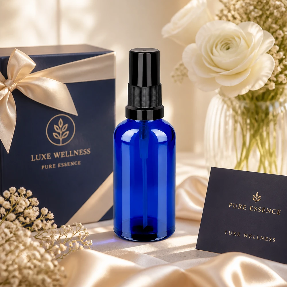 Dekorative blaue Glasflasche 50ml mit stylischem schwarzen Sprühkopf für luxuriöse Präsentation