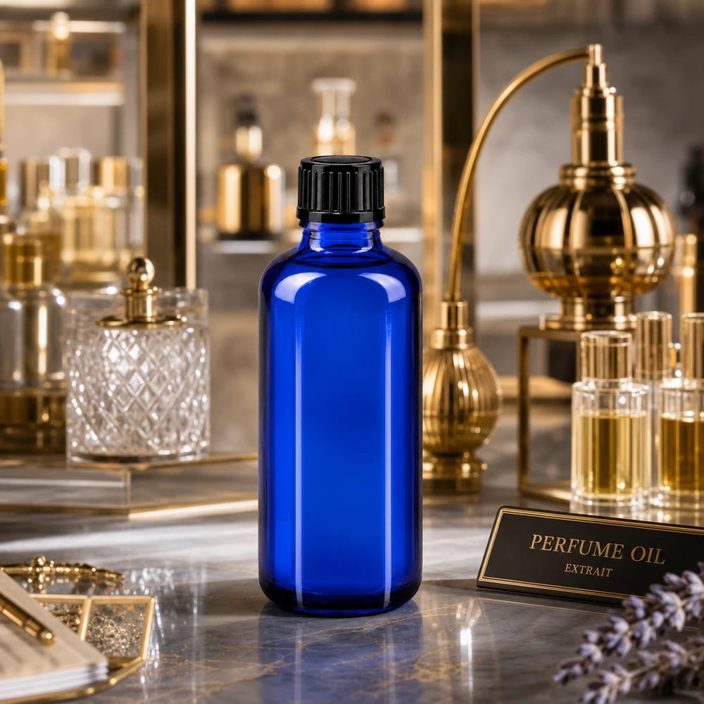 Apothekenflasche blau 50ml Tropfverschluss 1mm schwarz Standard Blaue zylindrische 50ml ApoGlas Tropfflasche mit schwarzem Verschluss auf Marmorunterlage