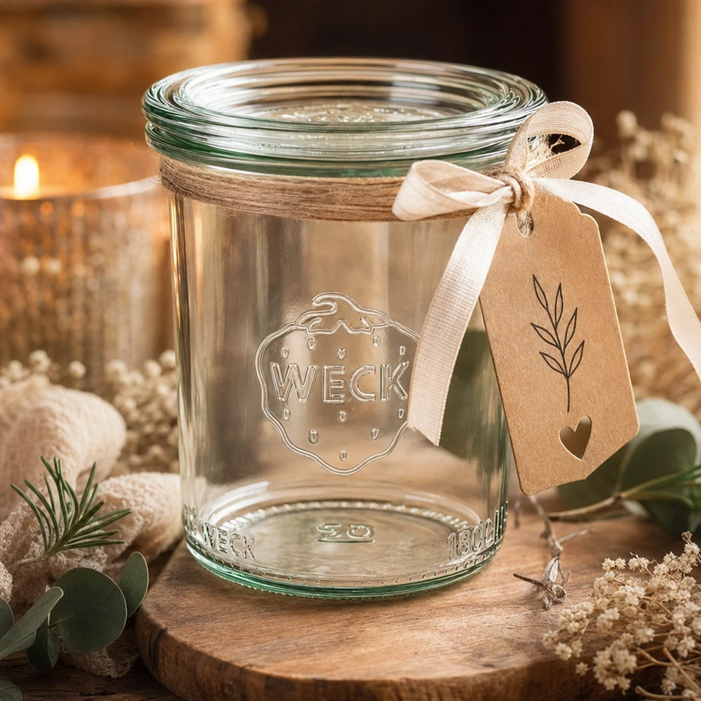160ml Sturzglas mit Glasdeckel WECK RR60 WECK Sturzglas RR60 160ml als Geschenkverpackung mit Anhänger und Band in gemütlicher Atmosphäre mit Kerze