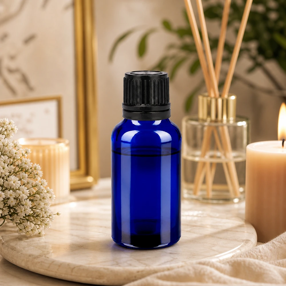 20ml Violettglasflasche mit schwarzem Schraubverschluss schützt Inhaltsstoffe vor schädlichem Licht