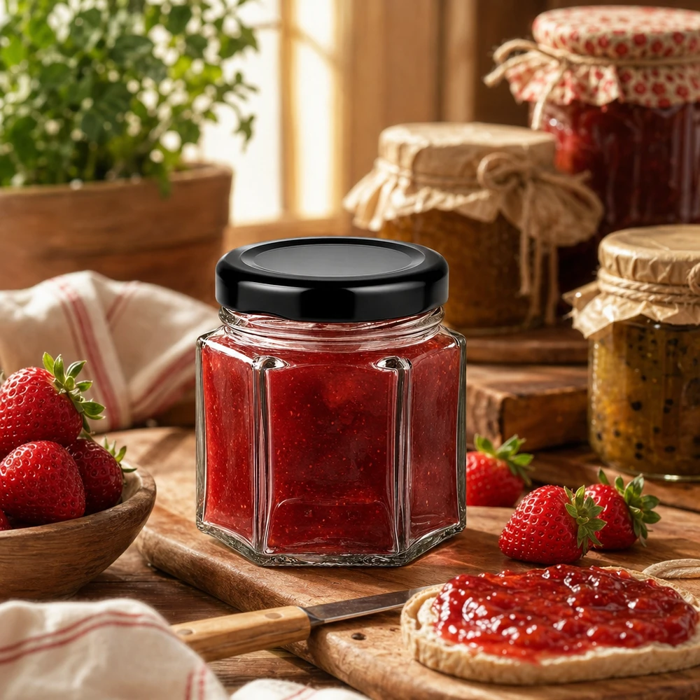 47ml Hexaglas mit BasicSeal Deckel schwarz UNiTWIST Hexaglas 47ml mit schwarzem Deckel gefüllt mit Erdbeermarmelade in rustikaler Küche mit frischen Erdbeeren