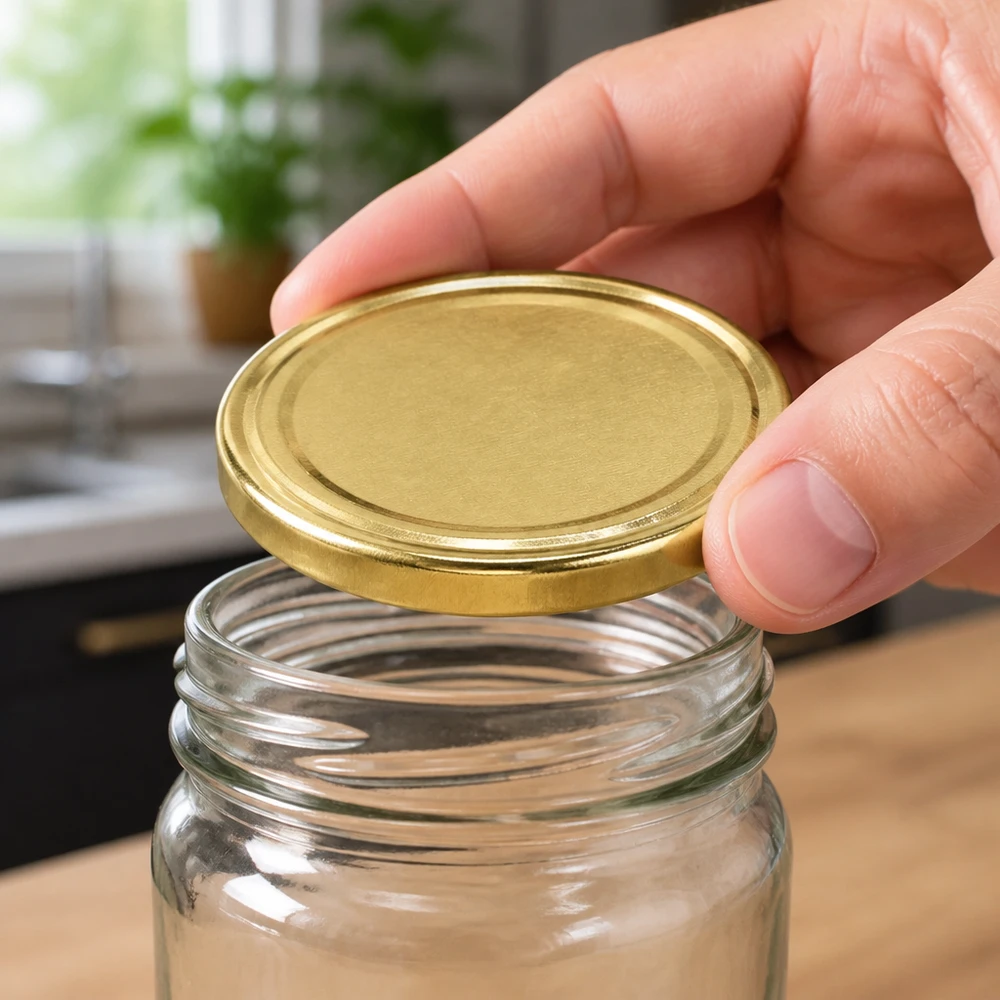 UNiTWIST TO43 gold, BioSeal, BPA-NI, unitemp Hand setzt goldenen 43mm Deckel auf Glasbehälter UNiTWIST TO43 unitemp Einkochen