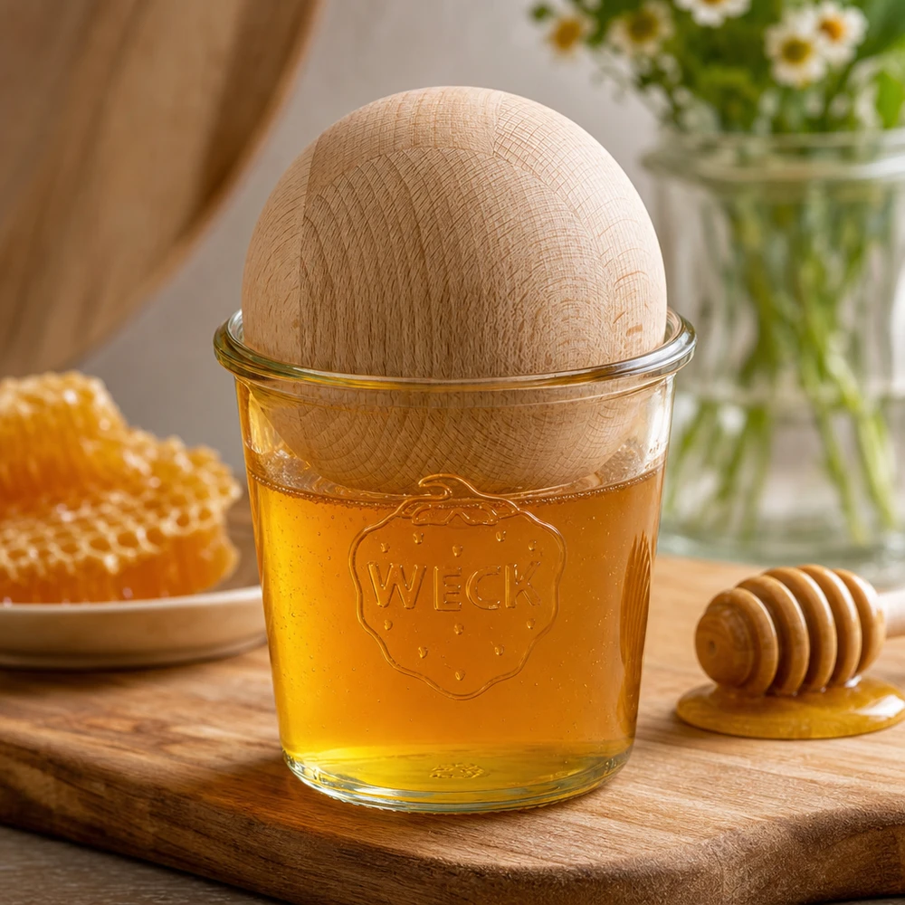 580ml Sturzglas WECK RR100 mit Holzkugel Buche WECK Sturzglas RR100 580ml mit Holzkugel Buche gefüllt mit Honig auf Holzbrett neben Wabe und Honiglöffel