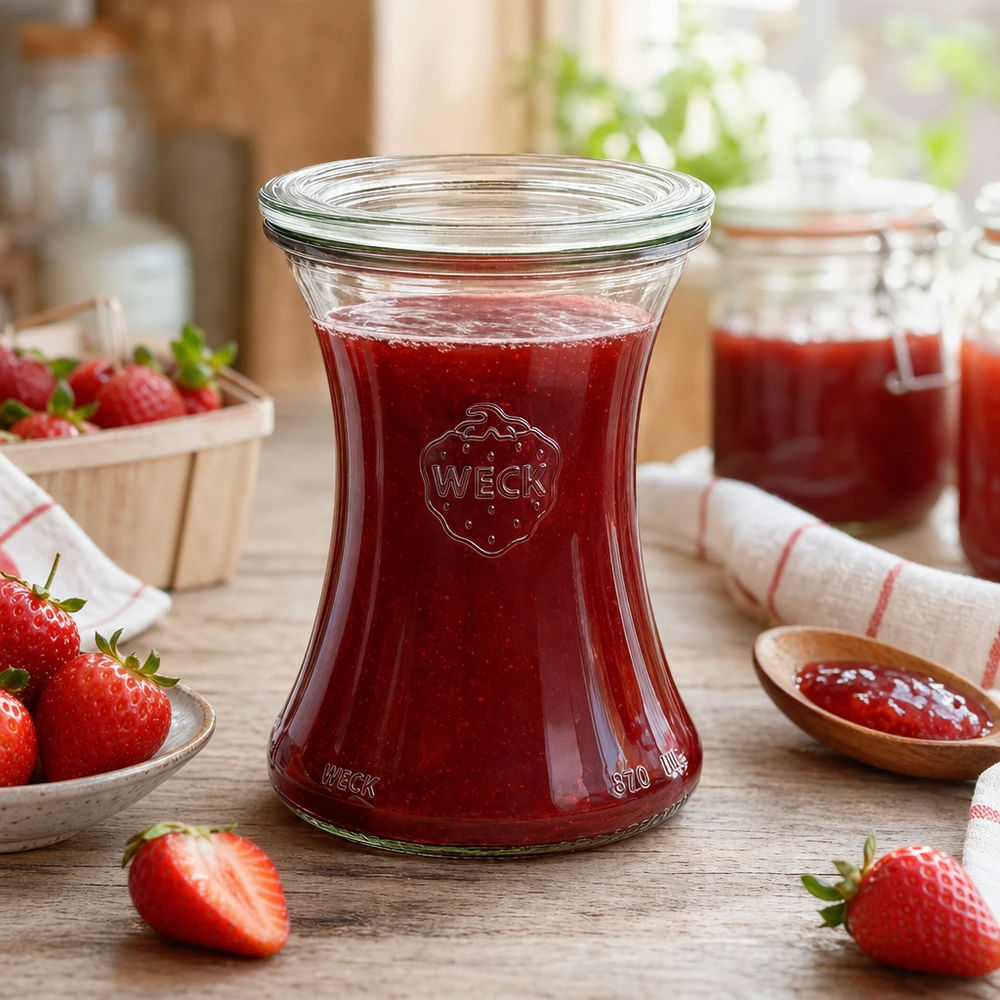 370ml Delikatessenglas mit Glasdeckel WECK RR80 WECK Delikatessenglas 370ml mit Erdbeermarmelade befüllt zeigt praktische Anwendung des RR80 Einmachglases in Küche