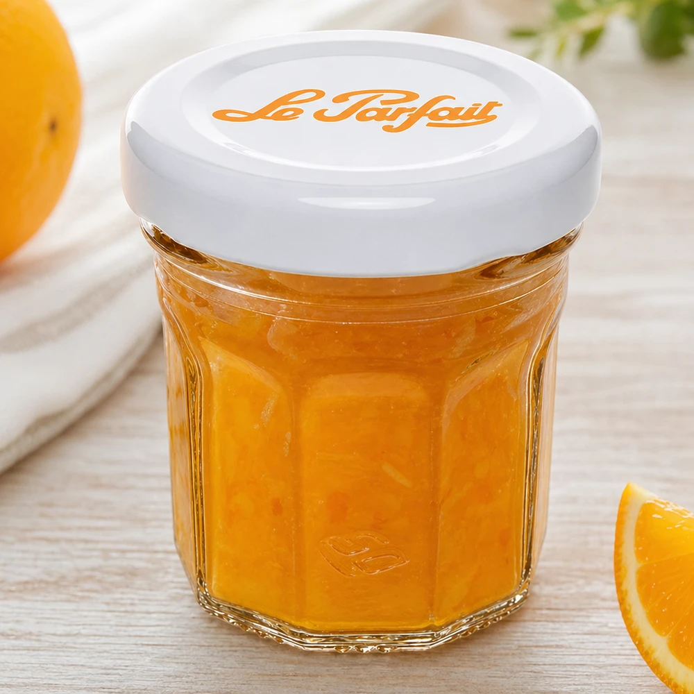 Le Parfait Mini-Sturzglas 44ml mit Orangenmarmelade gefüllt und weißem Deckel neben frischen Orangenscheiben
