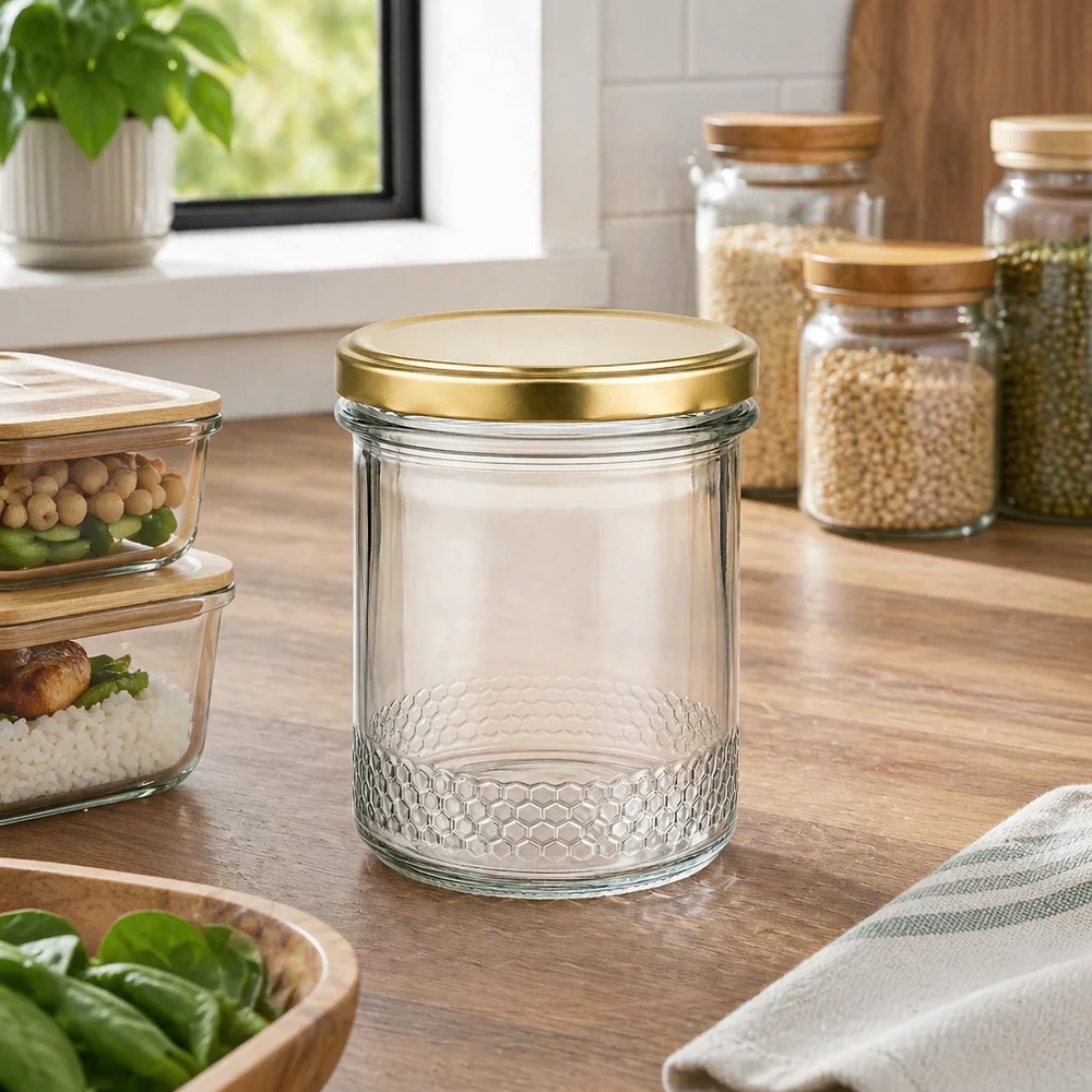 560g Honigglas + BasicSeal Deckel gold UNiTWIST Leeres 400ml Honigglas mit goldenem BasicSeal UNiTWIST Deckel in moderner Küche zwischen Vorratsgläsern