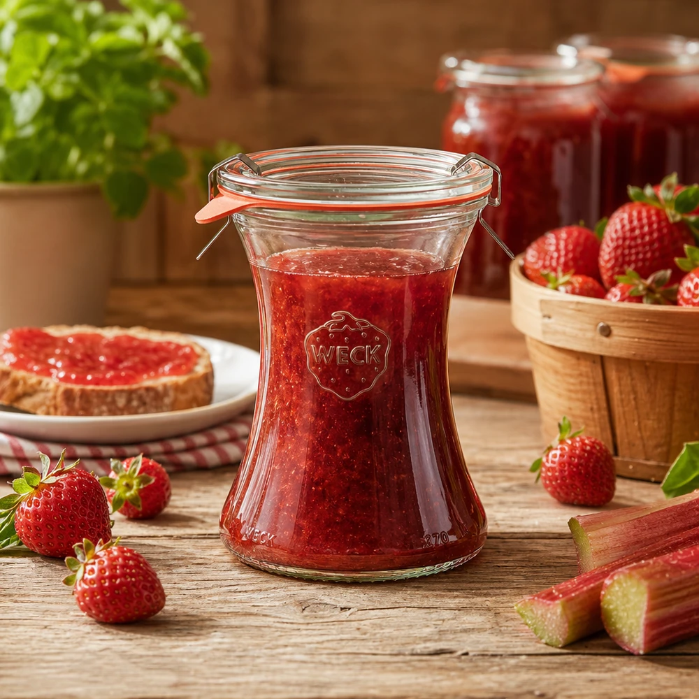 370ml Delikatessenglas komplett WECK RR80 WECK Einmachglas 370ml mit Erdbeermarmelade gefüllt Anwendungsbeispiel für Konfitüre und Marmelade einkochen