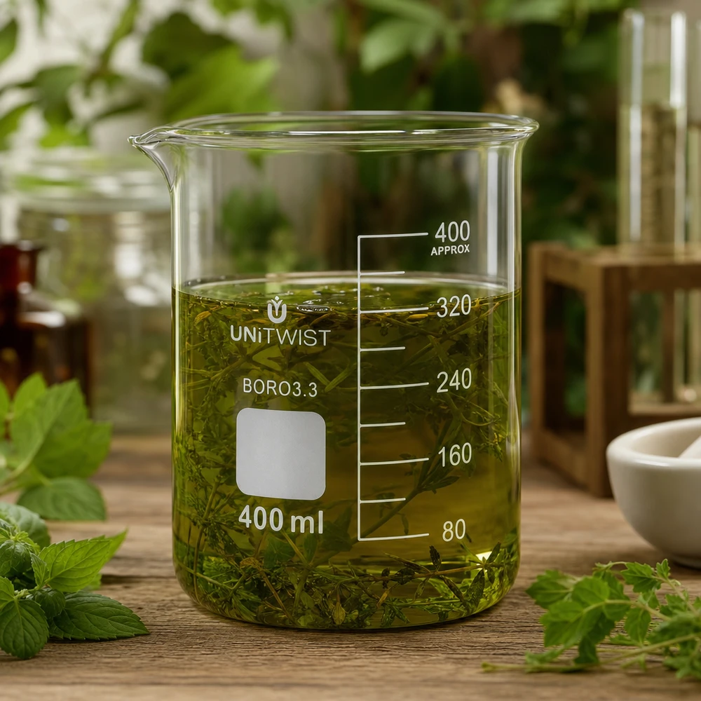 Becherglas 400ml Borosilikat, niedrige Form UNiTWIST Klares Becherglas 400ml mit grünem Heilkräuteröl und frischen Pflanzen auf Holzunterlage