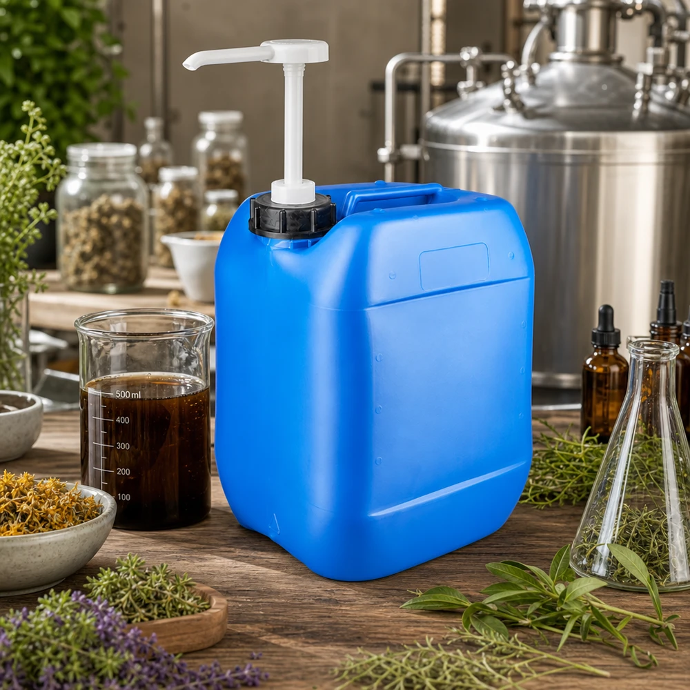 Kanister 10 Liter blau mit Dosierpumpe Robuster blauer 10L Flüssigkeitsbehälter mit Dosierpumpe umgeben von getrockneten Kräutern und Erlenmeyerkolben
