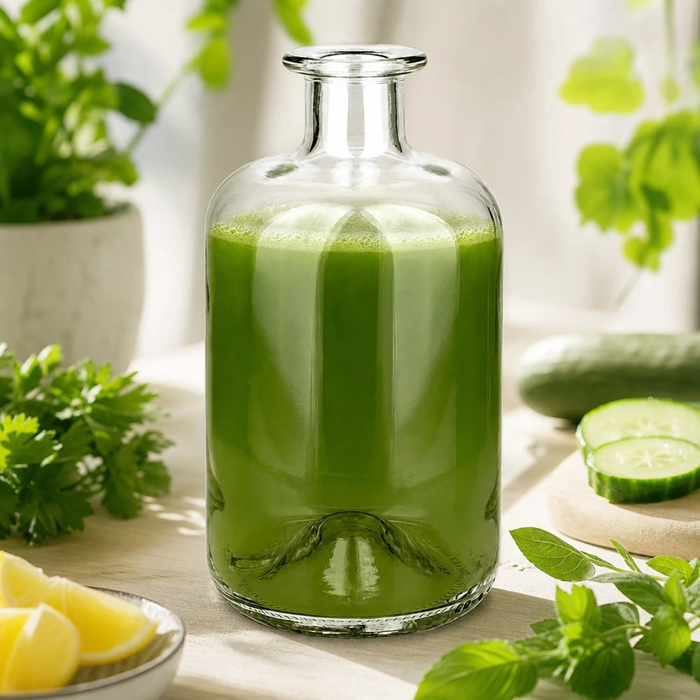 Apothekerflasche Luna 500ml mit grünem Smoothie gefüllt umgeben von frischen Kräutern Gurken und Zitrone als Wellness-Sz