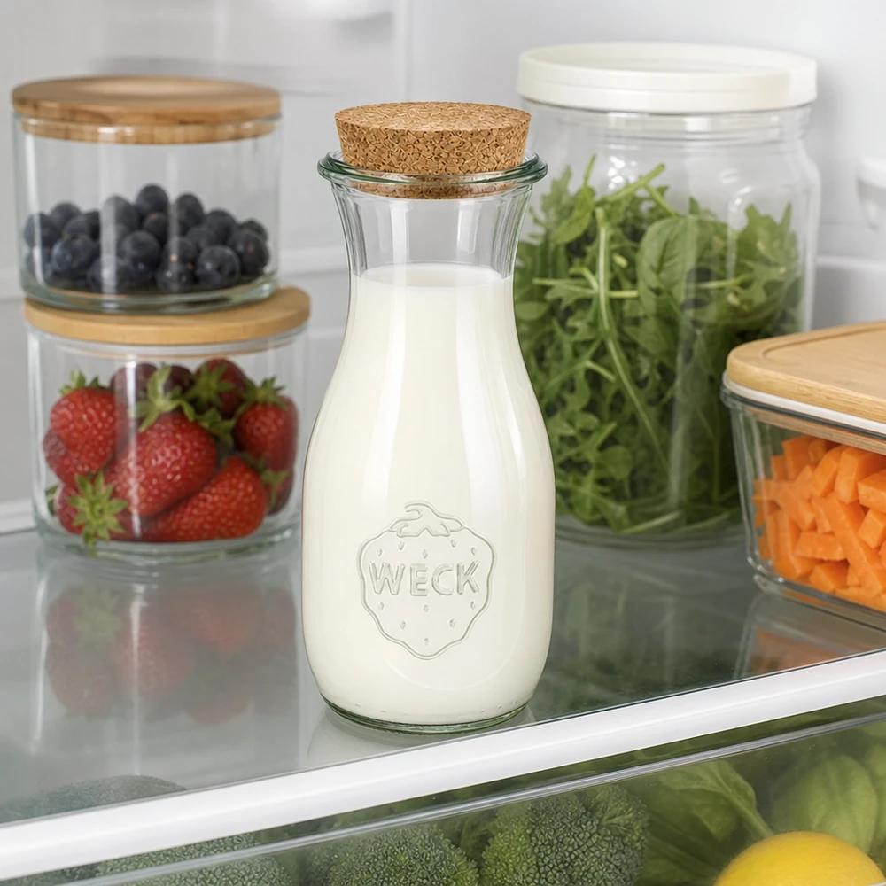 WECK Saftflasche 530ml mit Milch gefüllt im Kühlschrank neben Vorratsgläsern mit Beeren Salat und Gemüse