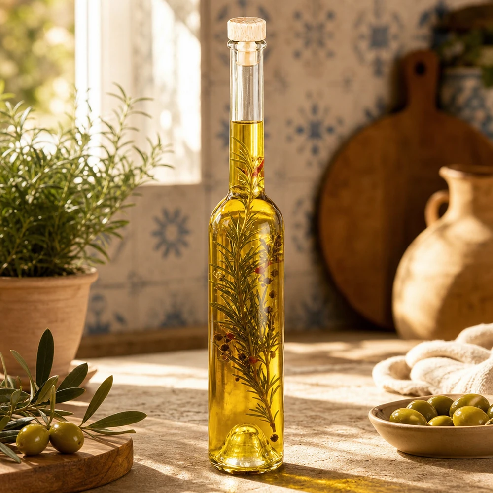 100ml Glasflasche Hugo mit Kräuteröl gefüllt in mediterraner Küche mit Oliven Rosmarin und Terrakotta-Deko