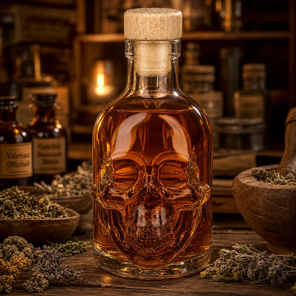 Apotheker-Ambiente mit 200ml Totenkopf-Glasflasche Jack, Kräutern und bernsteinfarbener Flüssigkeit auf Holztisch