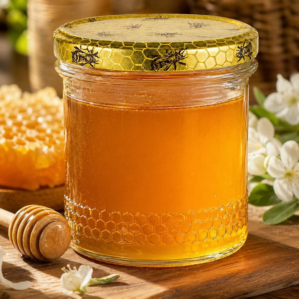 560g Honigglas + BasicSeal Deckel Bienenwabe UNiTWIST Goldenes Honigglas 400ml mit BasicSeal Bienenwaben-Deckel, Holz-Honiglöffel und Blüten auf rustikalem Holztisch