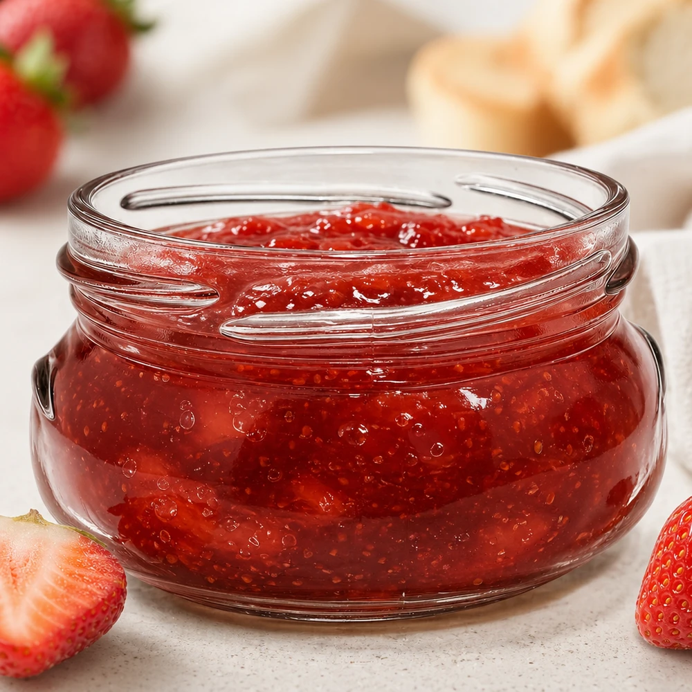 120ml Terrinenglas ohne Deckel (TO70) UNiTWIST UNiTWIST Terrina120 Terrinenglas 120ml TO70 mit roter Erdbeermarmelade gefüllt neben frischen Erdbeeren