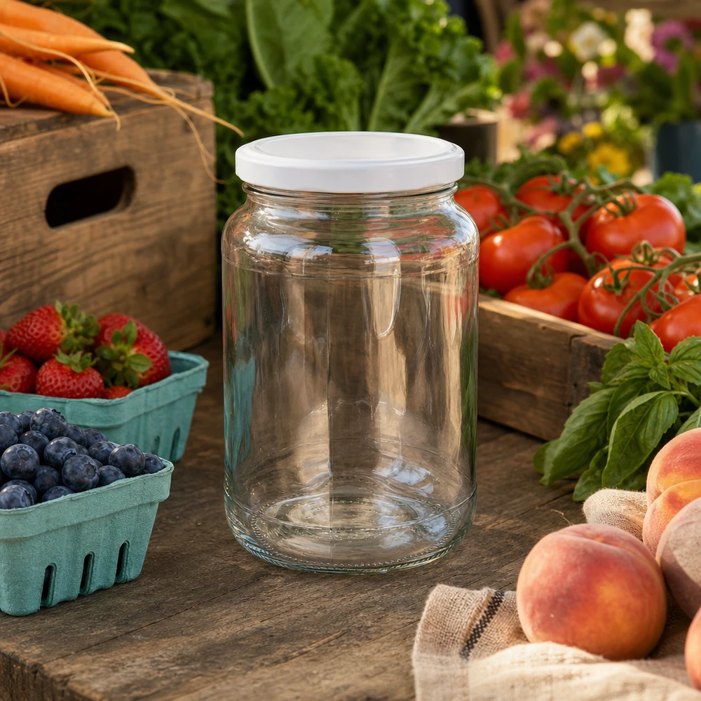 1700ml Rundglas mit BasicSeal Deckel weiß UNiTWIST 1700ml Rundglas BasicSeal weiß auf Marktstand mit frischen Tomaten Erdbeeren Pfirsichen zeigt Vielseitigkeit