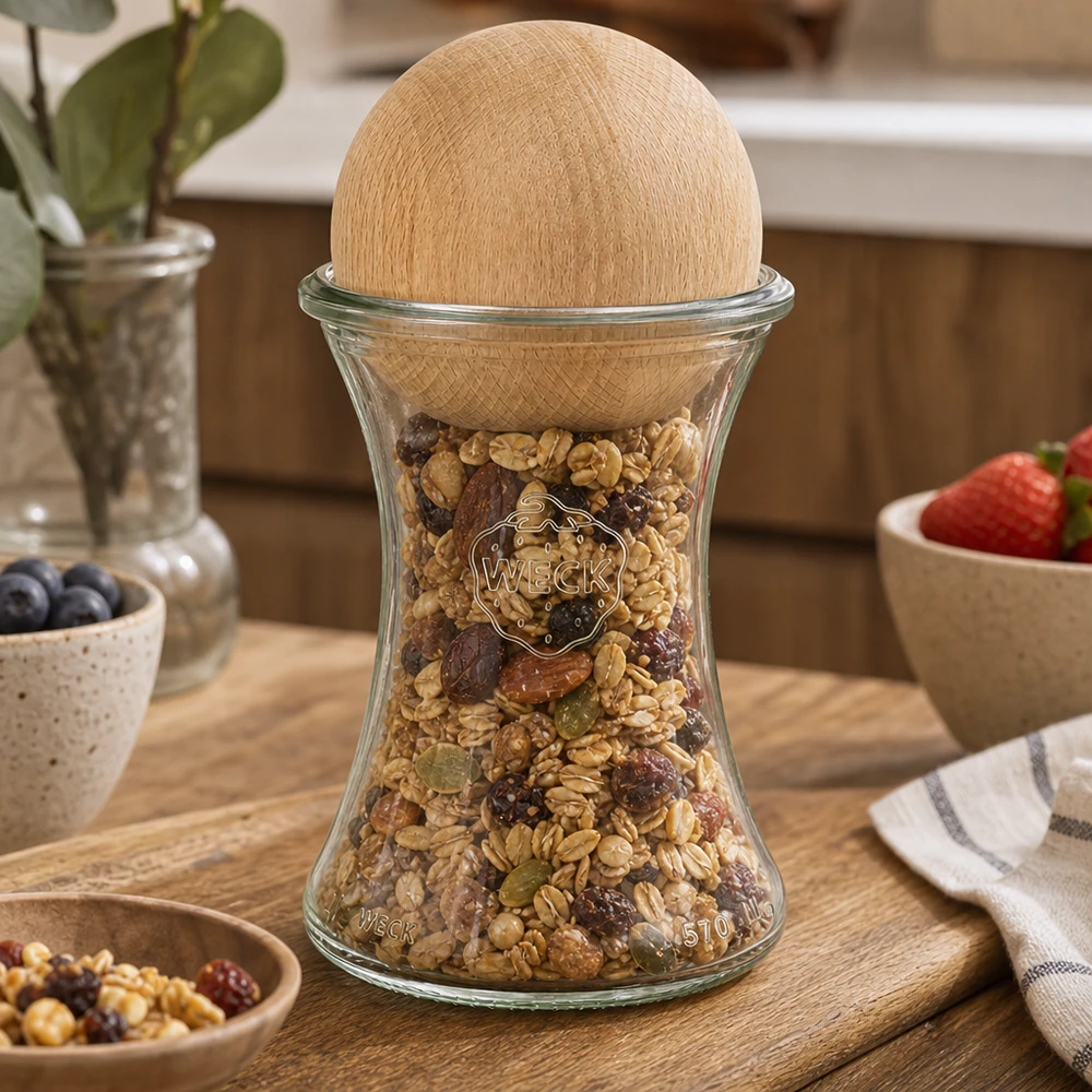 370ml Delikatessengl. WECK RR80 mit Holzkugel Buche WECK Vorratsglas 370ml mit Buchenholzkugel gefüllt mit Müsli Nüssen auf Holzbrett Küchendeko stylisch