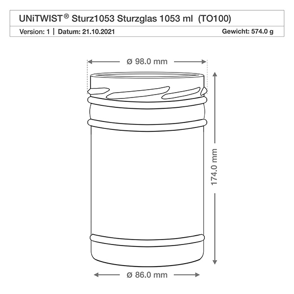 1053ml Sturzglas ohne Deckel (TO100) UNiTWIST UNiTWIST Sturzglas 1053ml TO100 technische Zeichnung mit Maßangaben Durchmesser 98mm Höhe 174mm Gewicht 574g