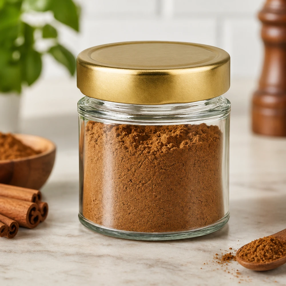 154ml Rundglas BasicSeal gold gefüllt mit braunem Pulver Zimt Gewürze Küchenszenerie Vorratsglas Aufbewahrung