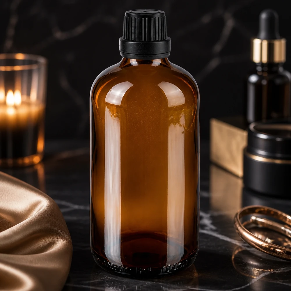 Apothekenflasche braun 100ml Tropfverschluss Premium 2mm schwarz Originalitätsverschluss Elegante 100ml Glasflasche in Braun mit schwarzem Tropfverschluss auf dunklem Untergrund