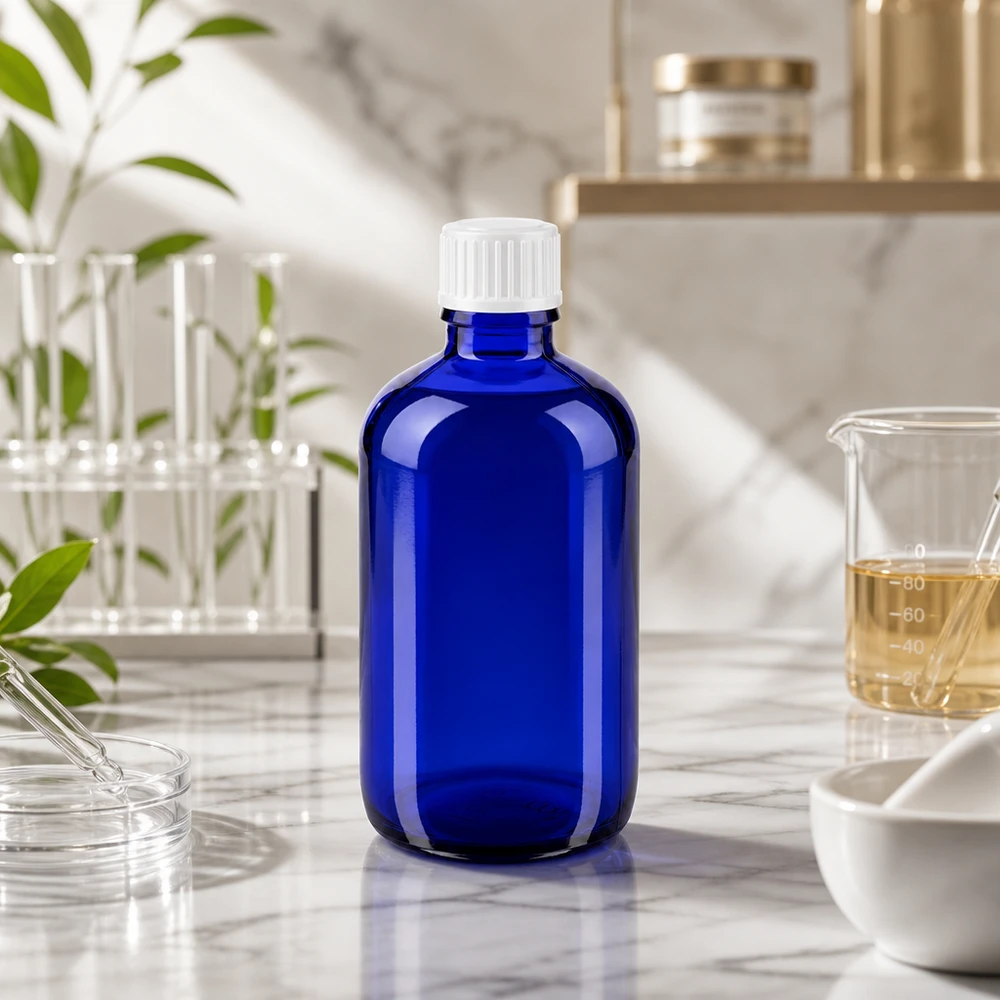 Kobaltblaues Medizinglas 100ml mit gerilltem Weißdeckel neben Becherglas und Pipette