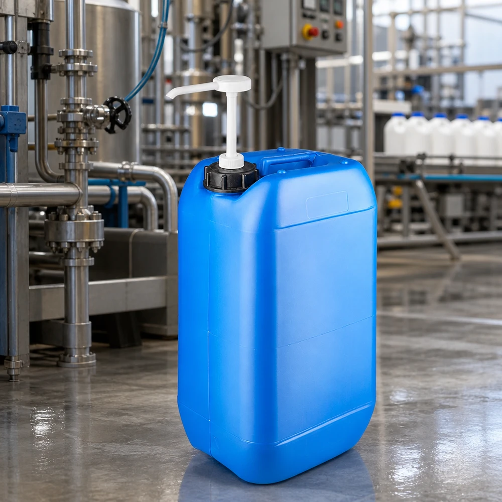 Verschließbarer 15 Liter Blaukanister mit Langstiel-Dosierpumpe zur präzisen Flüssigkeitsdosierung
