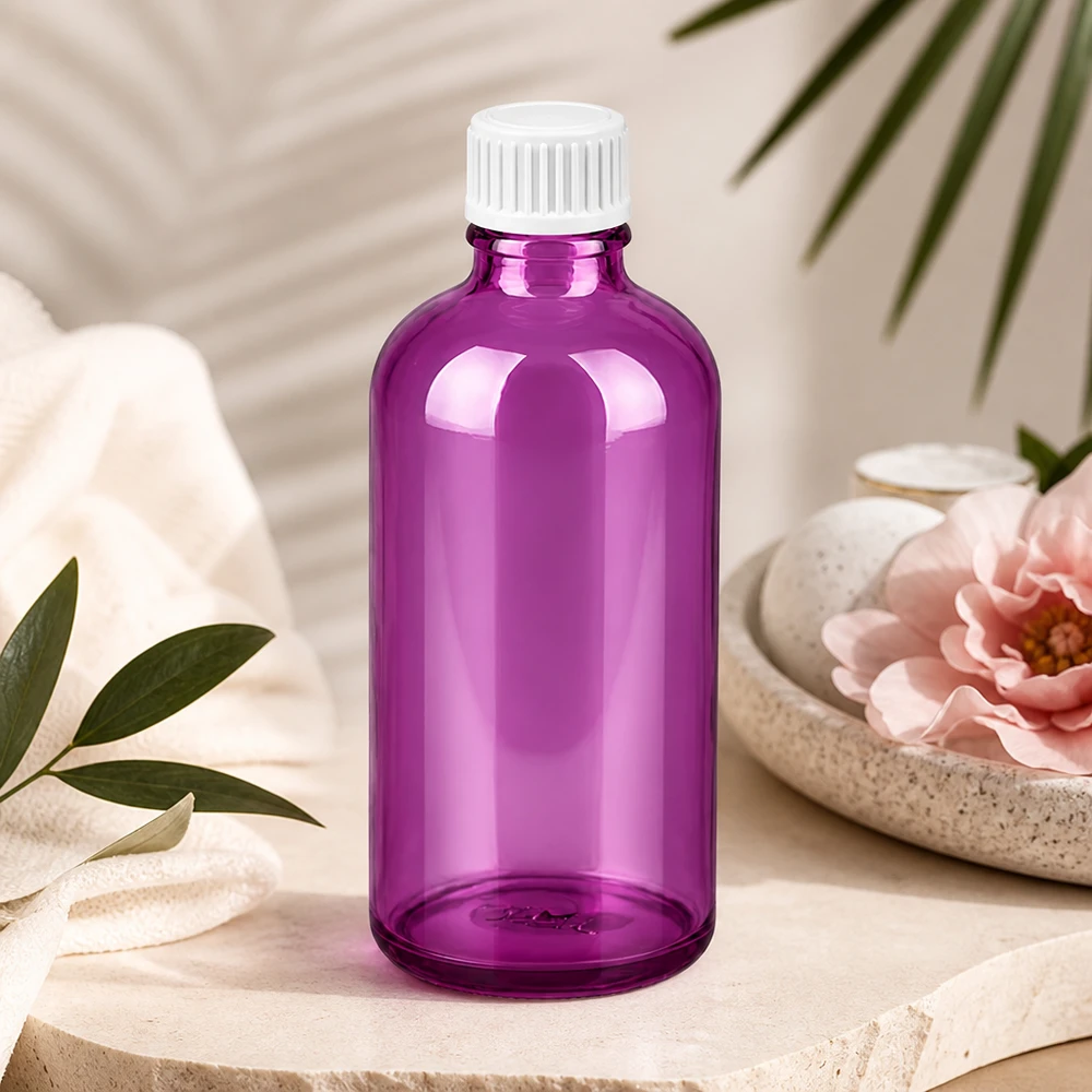Moderne 100ml Purple Glasflasche mit UT18 Gewinde für hochwertige Beauty und Wellness Produkte
