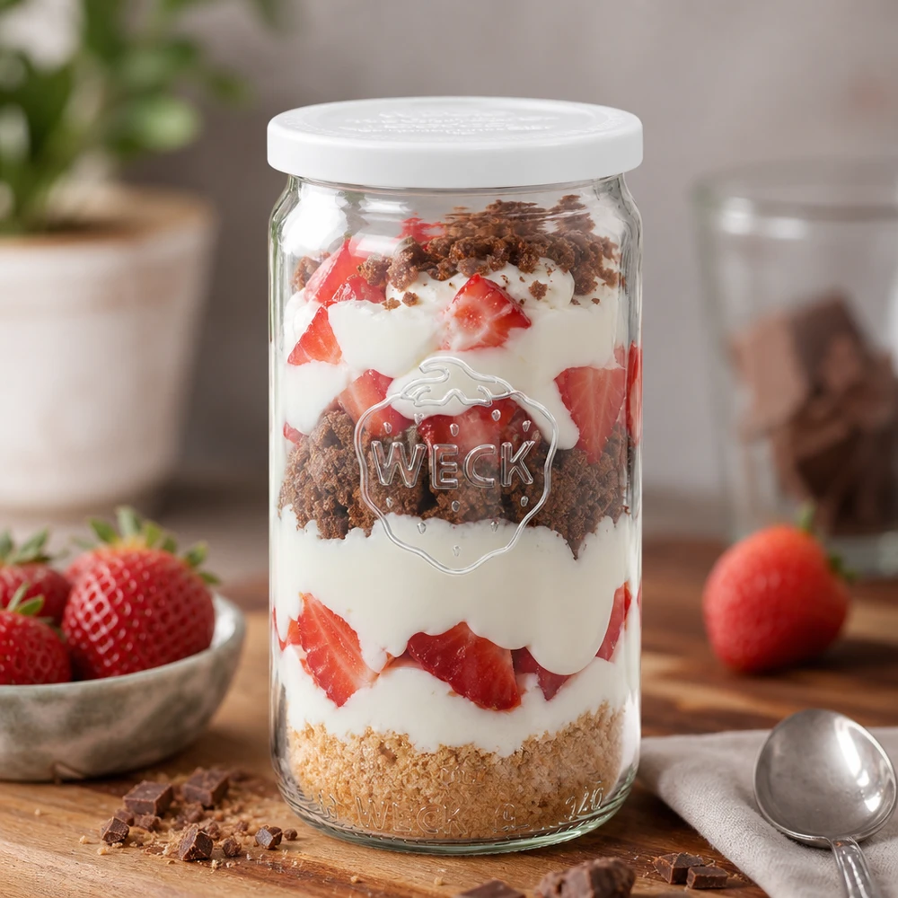 WECK Zylinderglas 340ml als Dessertglas mit Erdbeeren und Sahne Schichtdessert dekorativ angerichtet