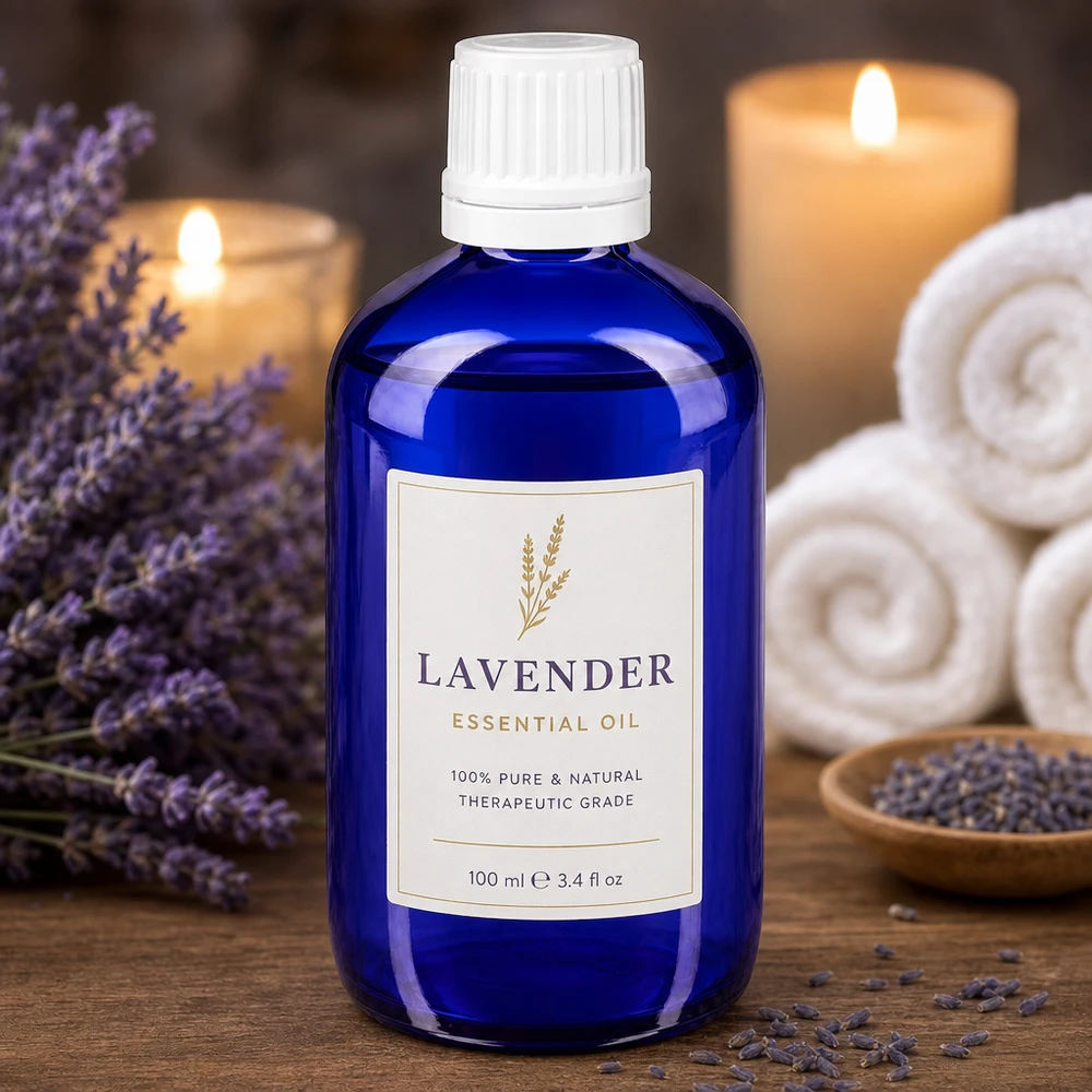 Therapeutisches Öl in blauer 20ml Apothekertropfflasche mit kindersicherem weißen Aufsatz