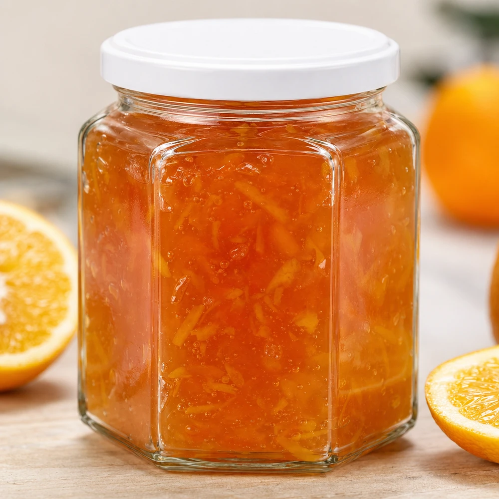 400g Honigglas hexagonal mit Orangenmarmelade befüllt zeigt Glasqualität und Deckelversiegelung im Detail