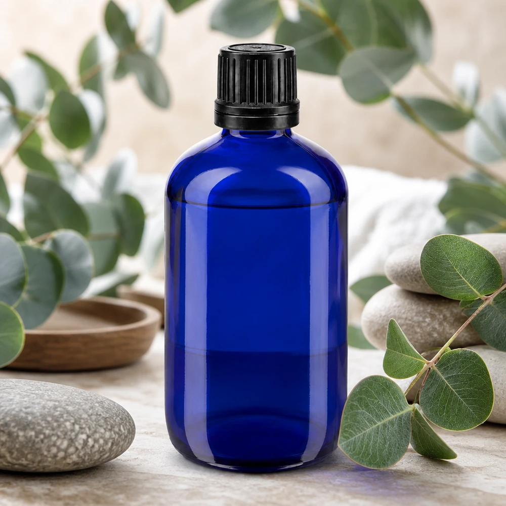 Lichtschutzflasche aus blauem Apothekerglas 100ml mit 8mm Schraubverschluss schwarz