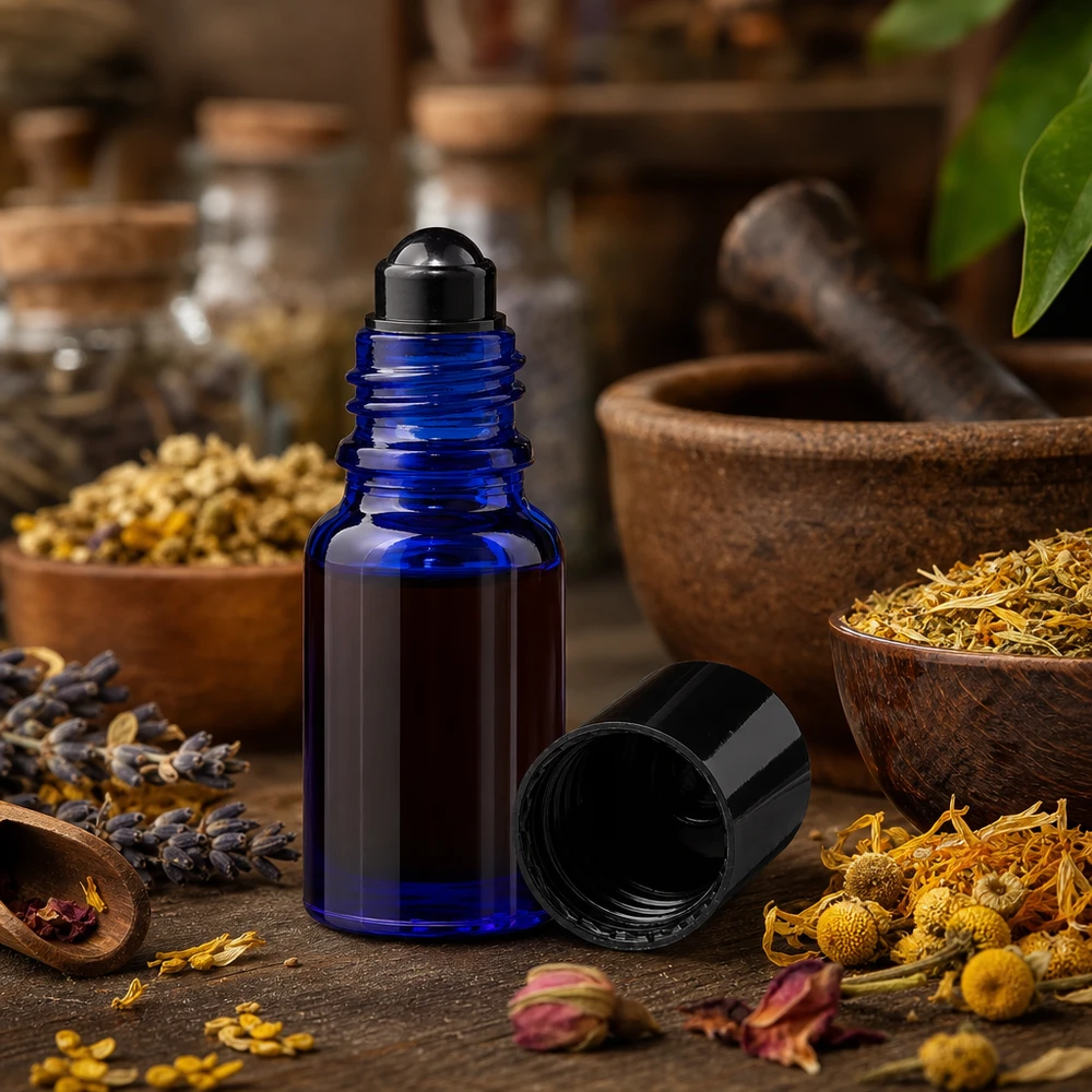 Apothekenflasche blau 10ml Roll-On Verschluss schwarz Kleine blaue 10ml Rollerflasche aus Apothekerglas mit schwarzem Deckel in apothekartypischer Umgebung