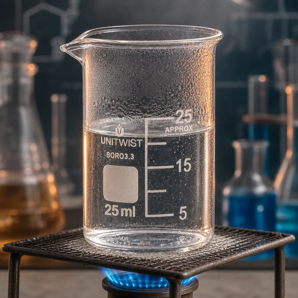 Kleines Becherglas 25ml niedrige Form auf Laborbrenner mit blauer Gasflamme und Laborgeräten
