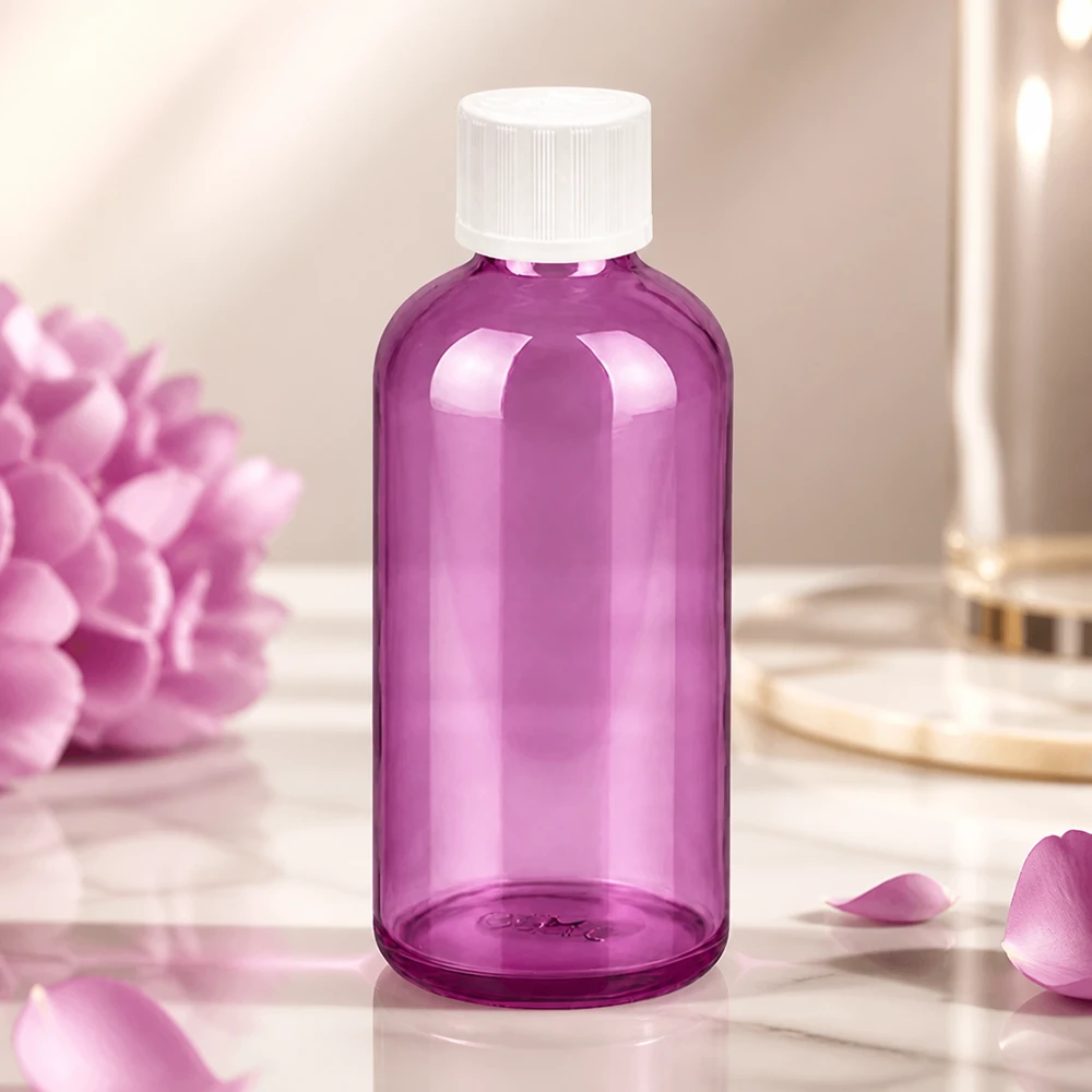 Durchsichtige lila Flasche 100ml mit Standard-Gewinde UT18/100 kompatibel zu handelsüblichen Verschlüssen
