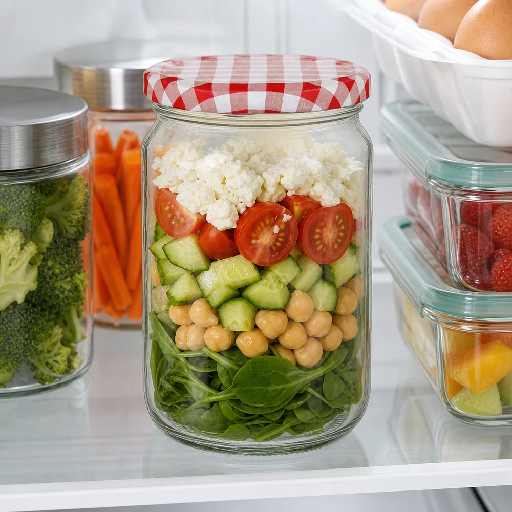 795ml Rundglas mit BasicSeal Deckel rot/weiß UNiTWIST 795ml Rundglas mit BasicSeal Deckel als Meal-Prep-Container mit Salat, Kichererbsen und Feta im Kühlschrank