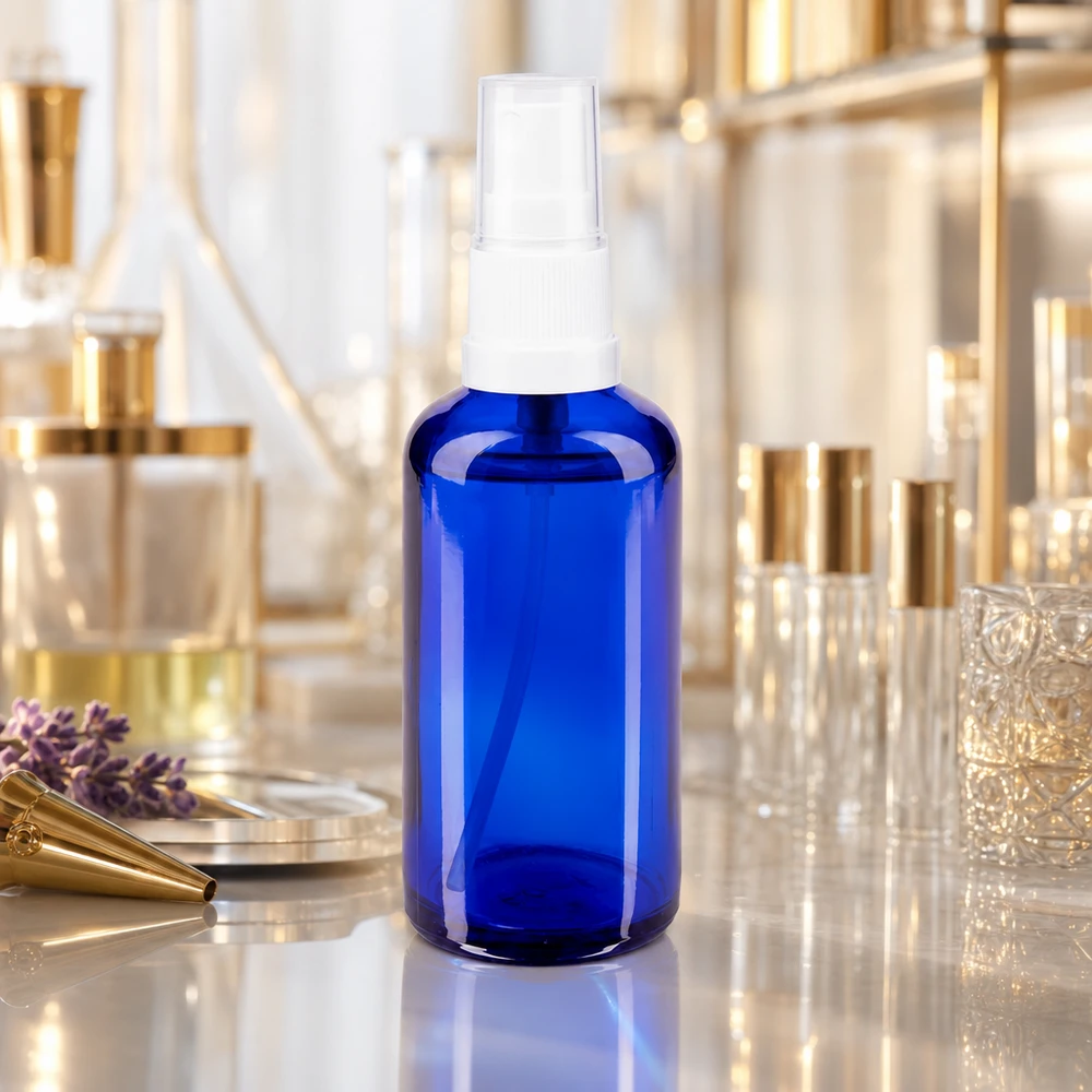 Apothekenflasche blau 50ml Sprayaufsatz weiß 50ml Rundschulterflasche blaues Apothekerglas weißer Sprühkopf in goldenem Kosmetikumfeld