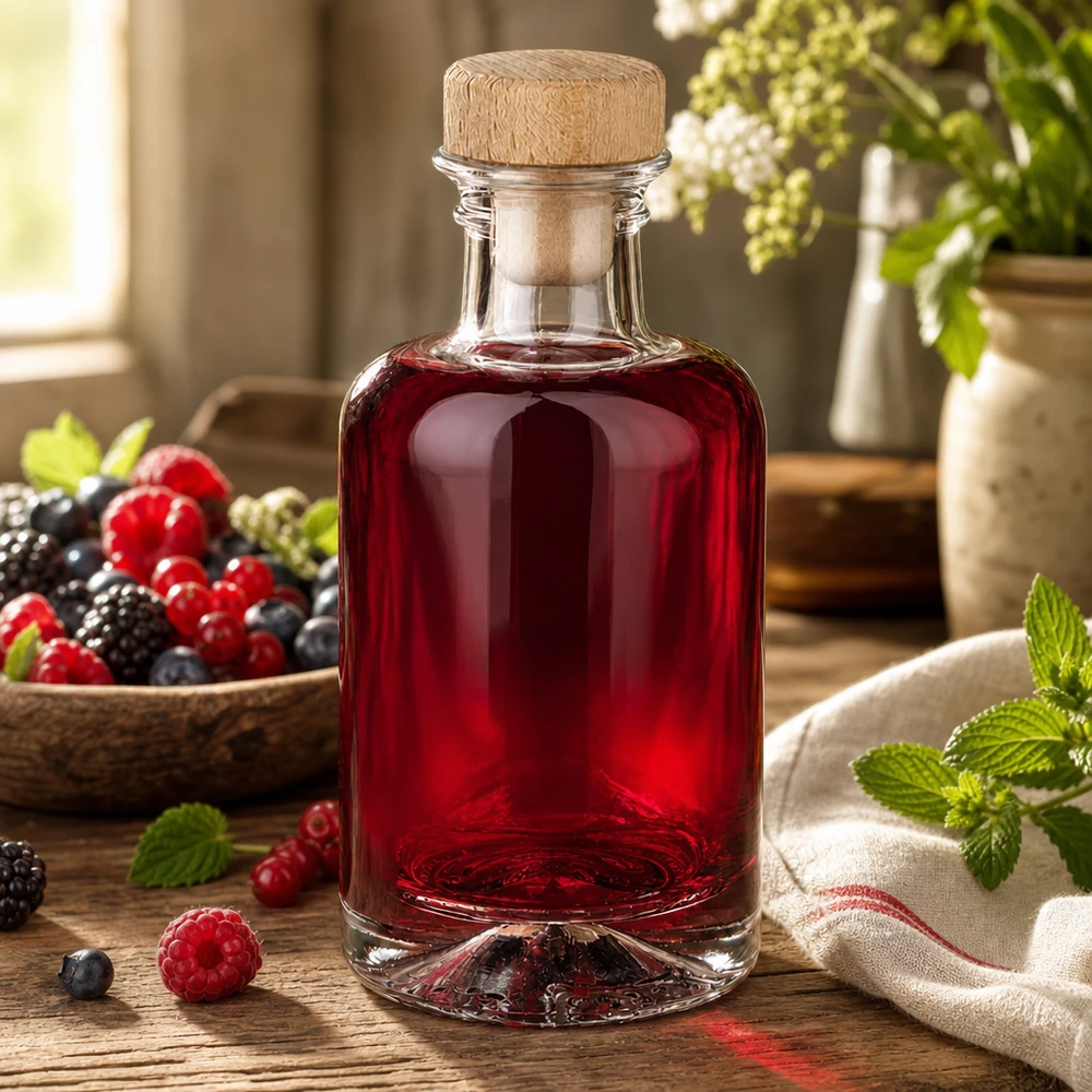 100ml Glasflasche "Sofia" mit Holzgriff-Korken UNiTWIST 100ml Glasflasche Sofia mit Holzkorken gefüllt mit Beerenlikör zwischen frischen Beeren und Minze warme Küchenstimmung