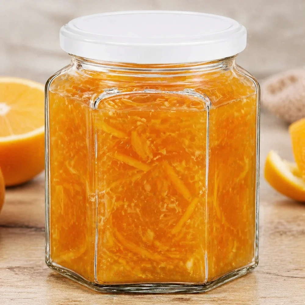 400g Honigglas sechseckig mit Orangenmarmelade gefüllt neben frischen Orangenscheiben auf rustikalem Holzuntergrund