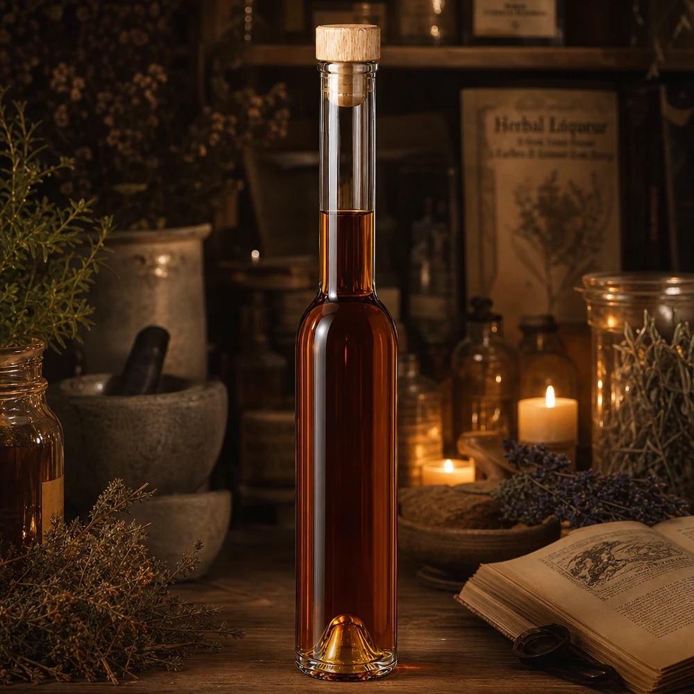 200ml Glasflasche Hugo mit bernsteinfarbener Flüssigkeit in rustikaler Apotheker-Atmosphäre mit Kräutern und Kerzen
