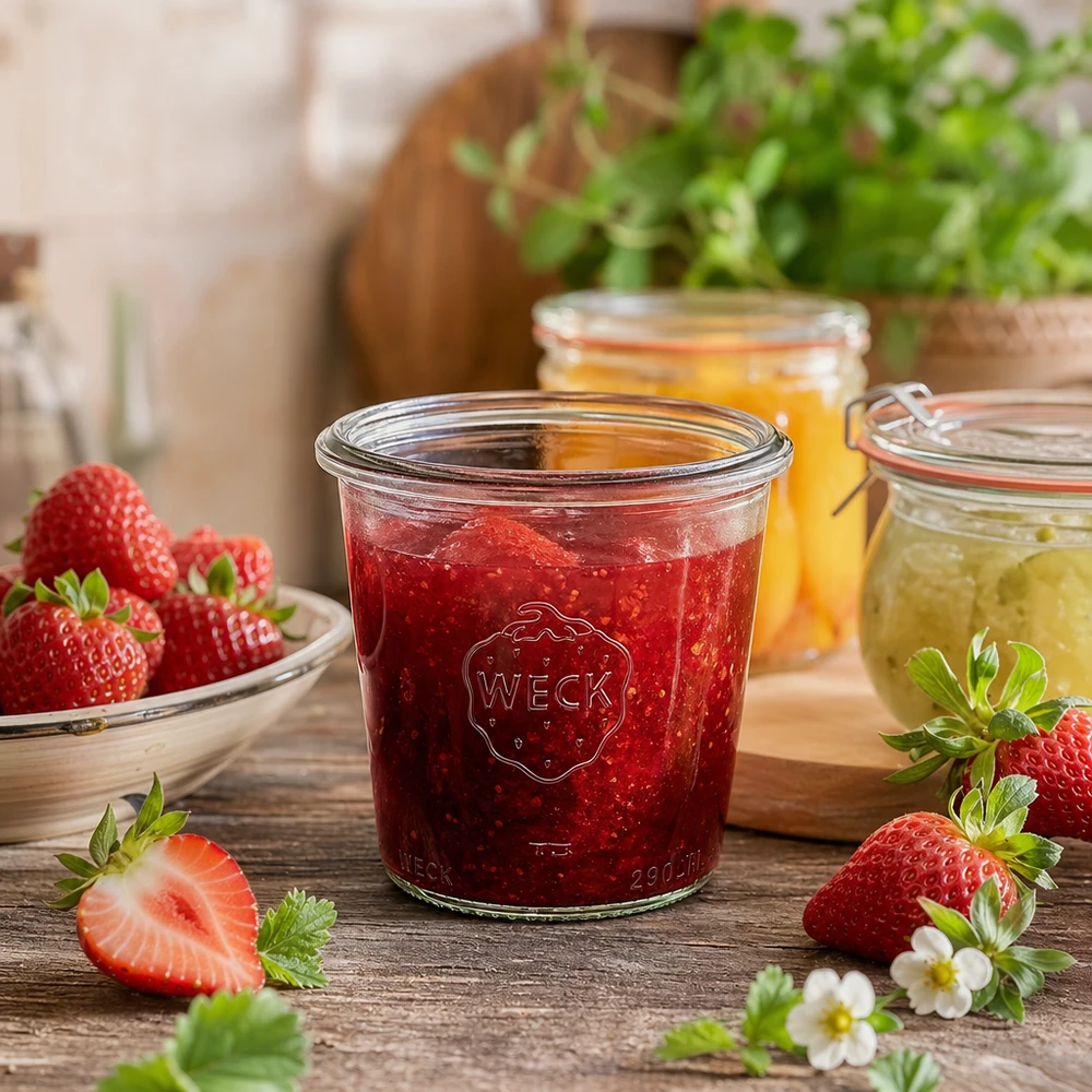 290ml Sturzglas hoch WECK RR80 290ml WECK Sturzglas RR80 mit Erdbeermarmelade gefüllt neben frischen Erdbeeren auf Holztisch rustikale Küche