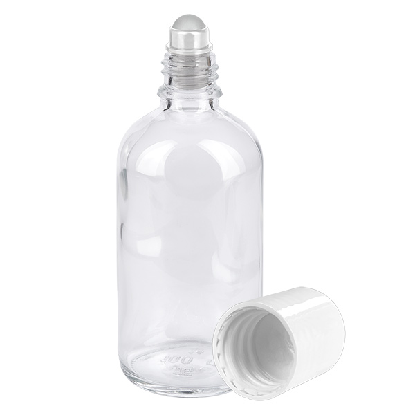 100ml Roll-On Flasche weiß Standardverschluss ClearLine UT18/100 100ml Roll-On Behälter Klarglas mit weissem Deckel abseits liegend ClearLine UT18