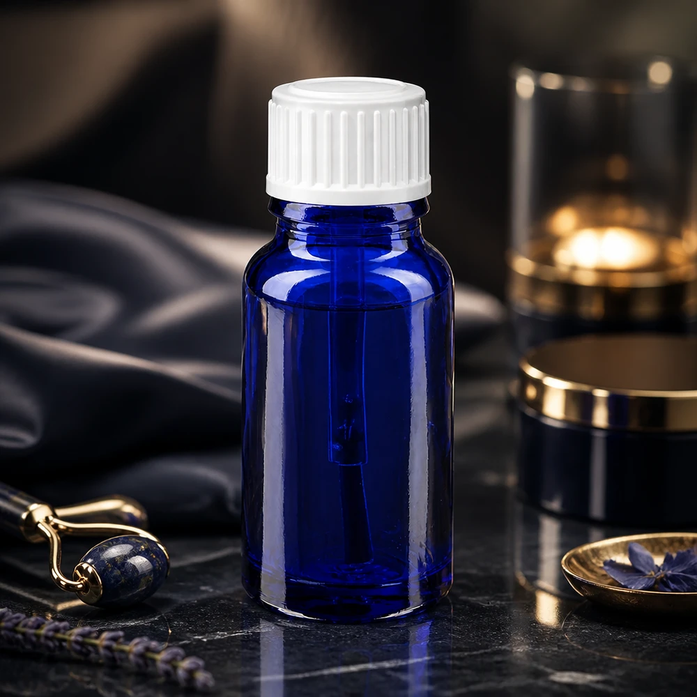 Schlanke blaue Tropfflasche 10ml aus Apothekerglas mit weißem Dosieraufsatz