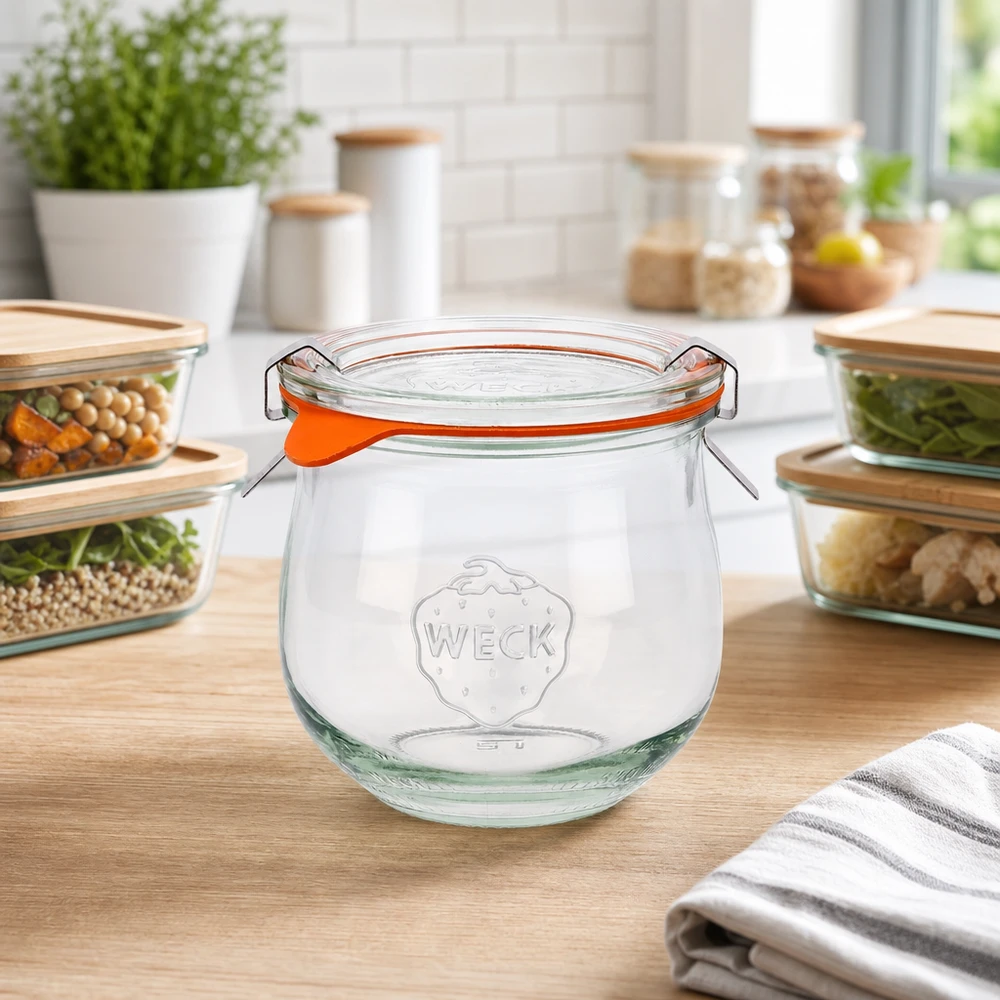 370ml Tulpenglas komplett WECK RR80 WECK Tulpenglas 370ml RR80 mit Bügelverschluss auf Holzarbeitsplatte in moderner Küche zwischen Glasschalen