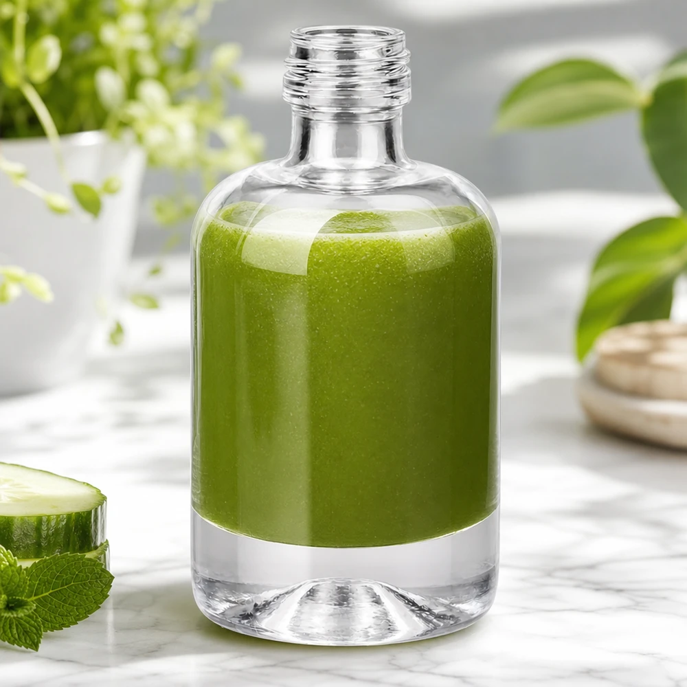40ml Glasflasche Sara mit grünem Smoothie befüllt neben Gurke und Minze zeigt natürliche Kosmetikanwendung