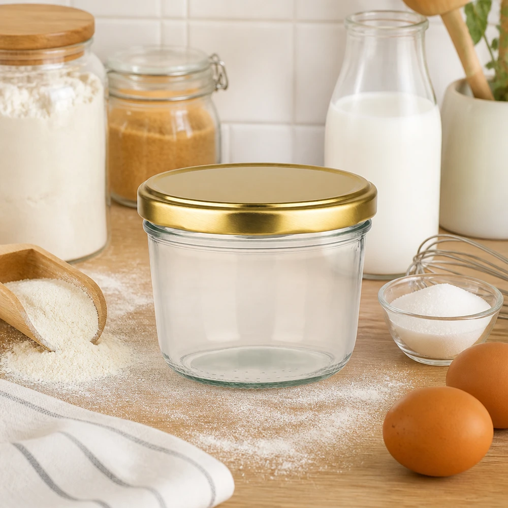 230ml Sturzglas mit BasicSeal Deckel gold UNiTWIST 230ml Sturzglas mit goldenem Deckel in Küche zwischen Backzutaten wie Mehl, Milch und Eiern auf Holzbrett